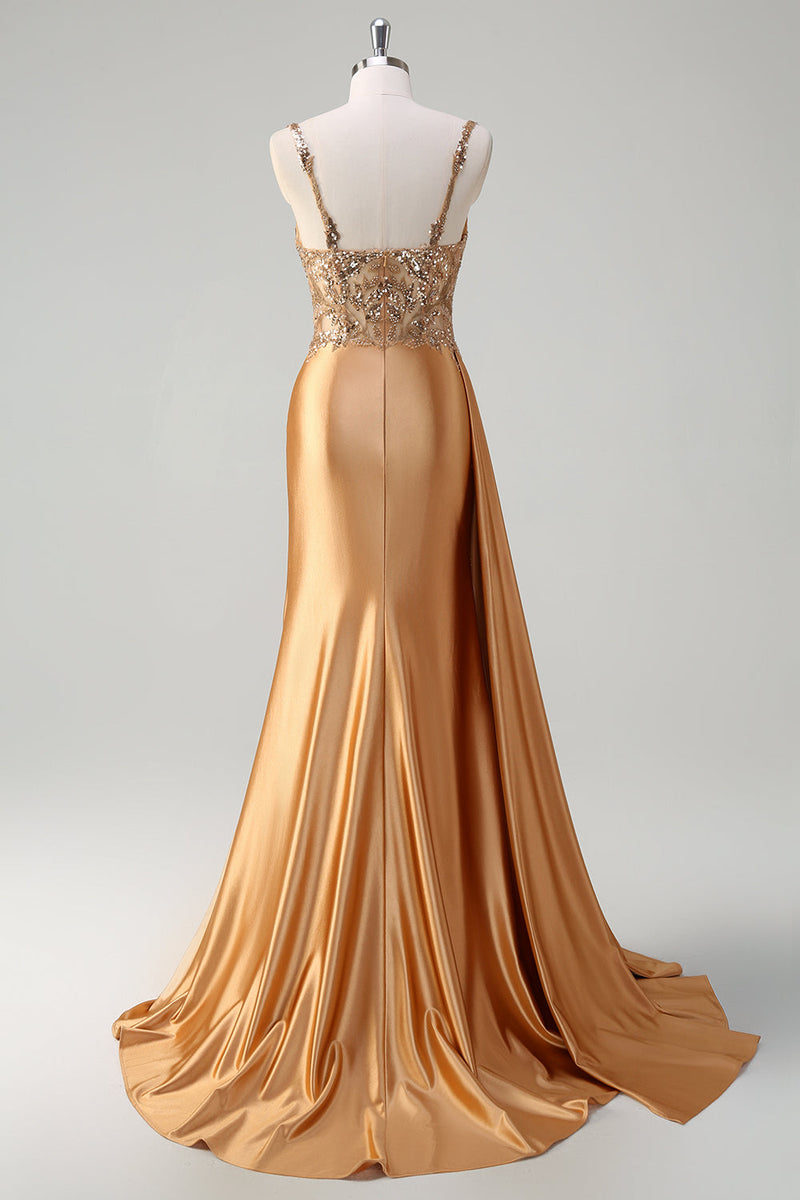 Load image into Gallery viewer, Champagne Mermaid Watteau Train Corset Sequins Satin Prom Dress with Slit