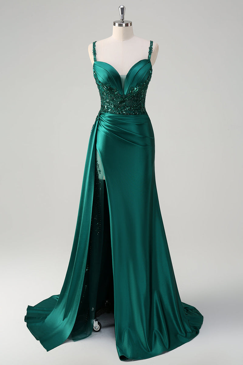 Load image into Gallery viewer, Champagne Mermaid Watteau Train Corset Sequins Satin Prom Dress with Slit