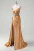 Load image into Gallery viewer, Champagne Mermaid Watteau Train Corset Sequins Satin Prom Dress with Slit