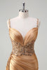 Load image into Gallery viewer, Champagne Mermaid Watteau Train Corset Sequins Satin Prom Dress with Slit