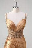 Champagne Mermaid Watteau Train Corset Sequins Satin Prom Dress with Slit
