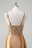 Load image into Gallery viewer, Champagne Mermaid Watteau Train Corset Sequins Satin Prom Dress with Slit