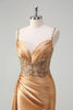 Load image into Gallery viewer, Champagne Mermaid Watteau Train Corset Sequins Satin Prom Dress with Slit