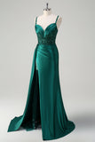 Champagne Mermaid Watteau Train Corset Sequins Satin Prom Dress with Slit