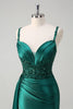 Load image into Gallery viewer, Champagne Mermaid Watteau Train Corset Sequins Satin Prom Dress with Slit