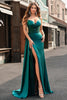 Load image into Gallery viewer, Mermaid Sparkly Champagne Watteau Train Corset Sequins Satin Prom Dress with Slit