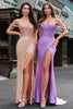 Load image into Gallery viewer, Champagne Mermaid Off the Shoulder Corset Long Prom Dress with Slit