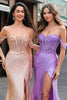 Load image into Gallery viewer, Champagne Mermaid Off the Shoulder Corset Long Prom Dress with Slit