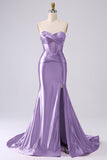 Fuchsia Strapless Satin Mermaid Corset Long PLus Size Prom Dress with Slit