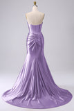 Fuchsia Strapless Satin Mermaid Corset Long PLus Size Prom Dress with Slit