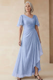 Dusty Sage A Line Ruched Mother of the Bride Dress with Short Sleeves