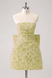 Light Yellow Floral Strapless A Line Graduation Dress With Bow