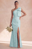 One Shoulder Sage Floral Mermaid Long Bridesmaid Dress with Slit