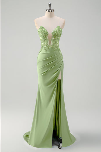 Green Mermaid Strapless Corset Long Prom Dress with Slit