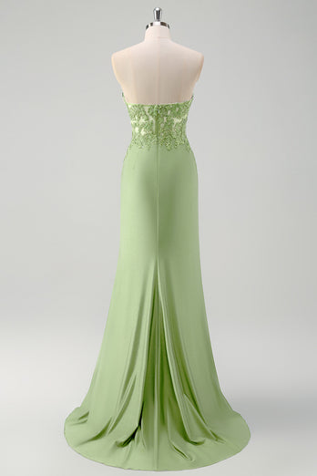 Green Mermaid Strapless Corset Long Prom Dress with Slit