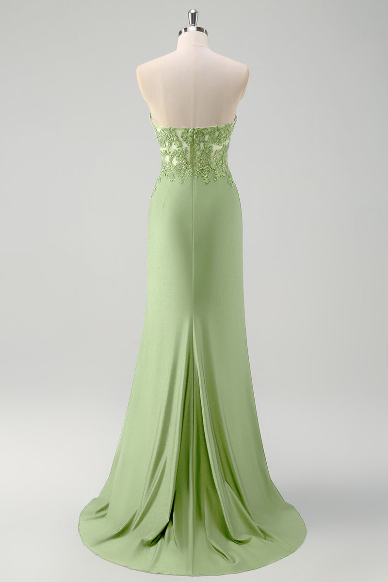 Load image into Gallery viewer, Green Mermaid Strapless Corset Long Prom Dress with Slit