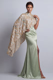 Champagne Mermaid Sequins Side Slit Mother of the Bride Dress with Detachable Cape