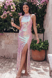 Sparkly Gold Bodycon Halter Neck Maxi Sequin Dress with Slit