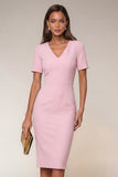 Bodycon Navy V-Neck Short Sleeves Midi Work Dress with Slit