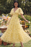 Champagne V-Neck Embroidered A-Line Tulle Floral Dress with Flutter Sleeves