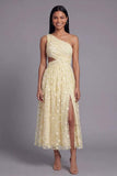 Orange One Shoulder Tulle Embroidered Floral Dress with Slit