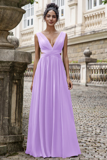 Eucalyptus A Line V Neck Pleated Chiffon Long Bridesmaid Dress with Lace-up Back