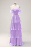 Eucalyptus A Line Off the Shoulder Tiered Pleated Long Bridesmaid Dress with Slit