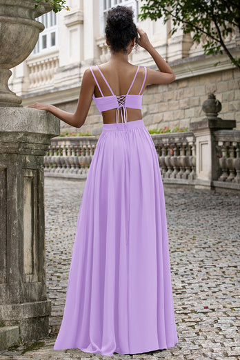 Eucalyptus A Line V Neck Pleated Chiffon Long Bridesmaid Dress with Lace-up Back