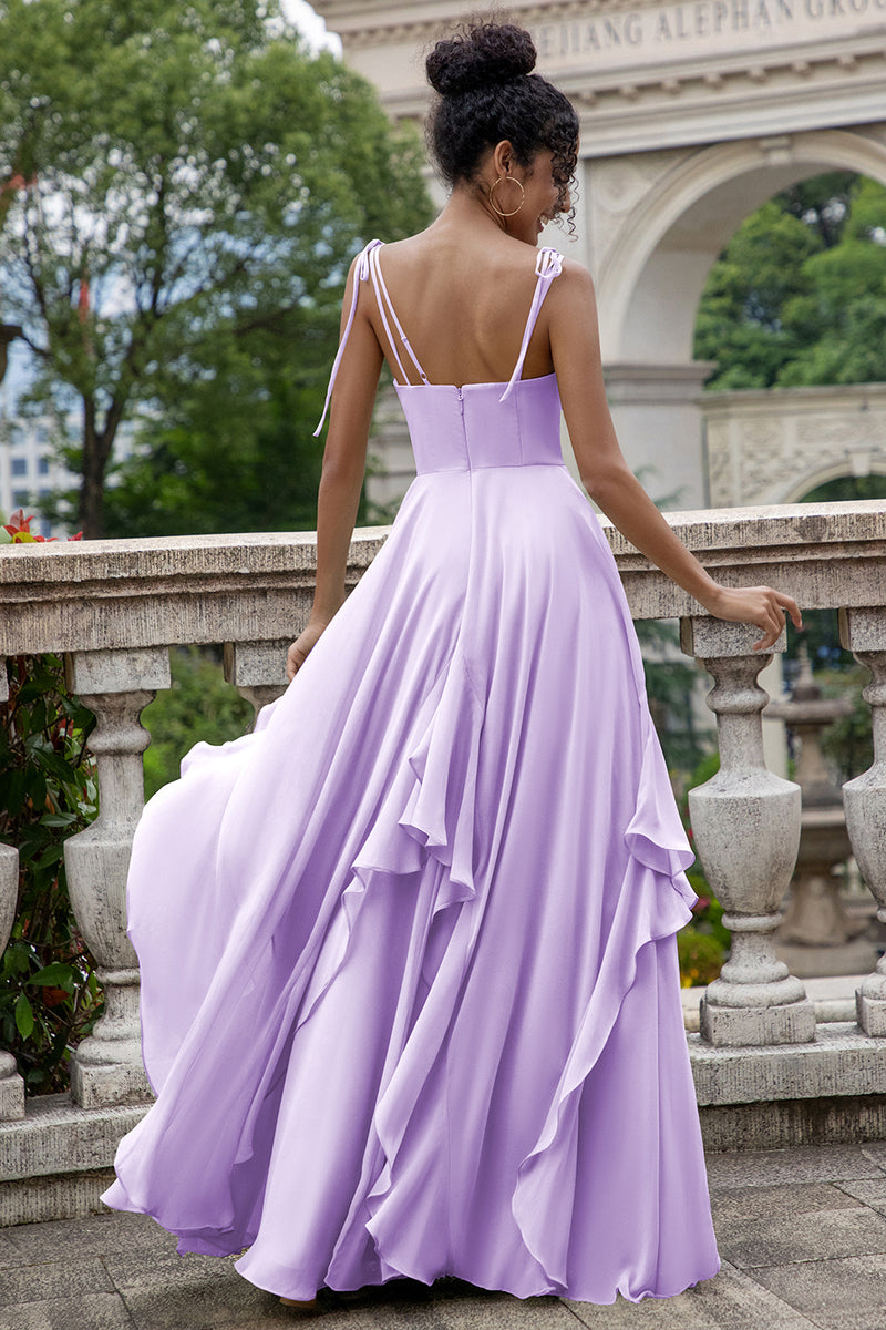 Load image into Gallery viewer, Eucalyptus A Line Spaghetti Straps Long Bridesmaid Dress with Ruffles