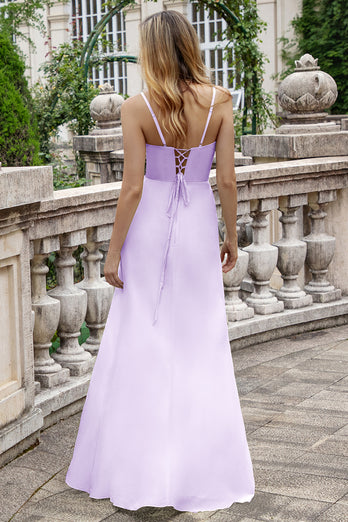 A Line Spaghetti Straps Eucalyptus Long Bridesmaid Dress with Lace Up Back