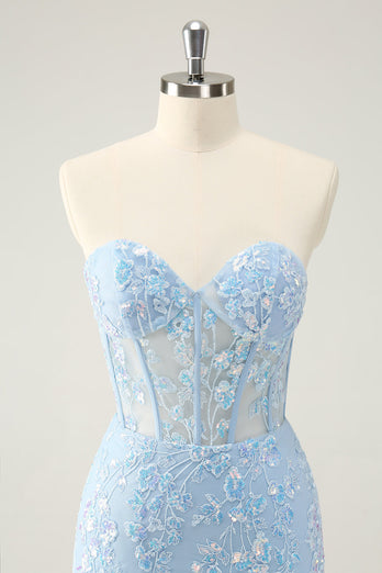 Light Blue Corset Sequins Sweetheart Short Tight Graduation Dress with Lace-up Back