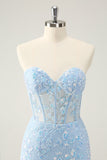 Light Blue Corset Sequins Sweetheart Short Tight Graduation Dress with Lace-up Back
