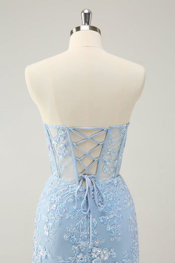 Light Blue Corset Sequins Sweetheart Short Tight Graduation Dress with Lace-up Back