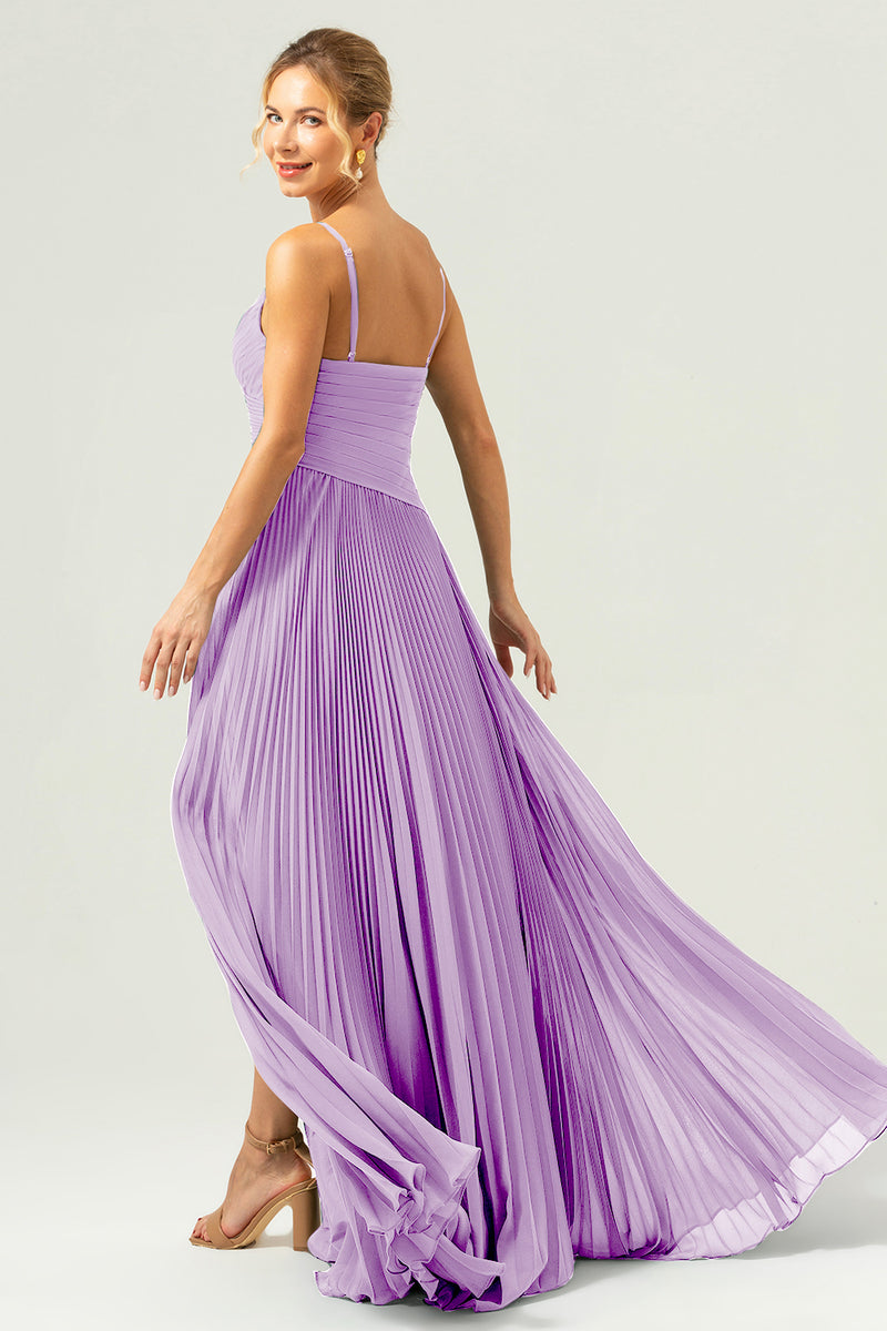 Load image into Gallery viewer, A-Line Spaghetti Straps Pleated Chiffon Eucalyptus Bridesmaid Dress with Slit