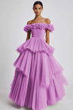 Dusty Sage Off The Shoulder A Line Ruffles Prom Dress