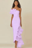 One Shoulder Sheath White Graduation Dress with Ruffles