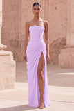 Strapless Light Pink Sheath Ruched Long Prom Dress with Slit