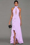 Black Halter Neck Sheath Ruffled Cut Out Long Evening Dress with Slit