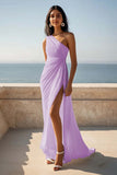 One Shoulder Ruched Ivory Maxi Sheath Beach Engagement Dress with Slit