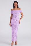 Off the Shoulder Yellow Sheath Embroidered Maxi Floral Dress with Slit