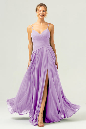 A-Line Spaghetti Straps Pleated Chiffon Eucalyptus Bridesmaid Dress with Slit