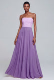 Pink Strapless A Line Ruched Long Chiffon Dress