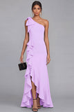 One Shoulder Black Sheath Long Evening Dress with Ruffle Slit