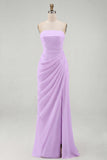Strapless Light Pink Sheath Ruched Long Prom Dress with Slit