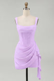 Ivory Corset Square Neck Ruched Bodycon Mini Graduation Dress with Ruffles
