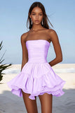 Sky Blue A Line Strapless Chiffon Mini Graduation Dress with Ruffles