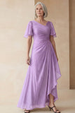 Dusty Sage A Line Ruched Mother of the Bride Dress with Short Sleeves