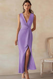 Sky Blue Satin V-Neck Long Formal Dress with Slit
