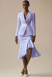 Ivory 2 Piece Peak Lapel Midi Work Dress with Ruffles