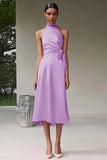 Pink A Line Halter Tea Length Satin Formal Dress